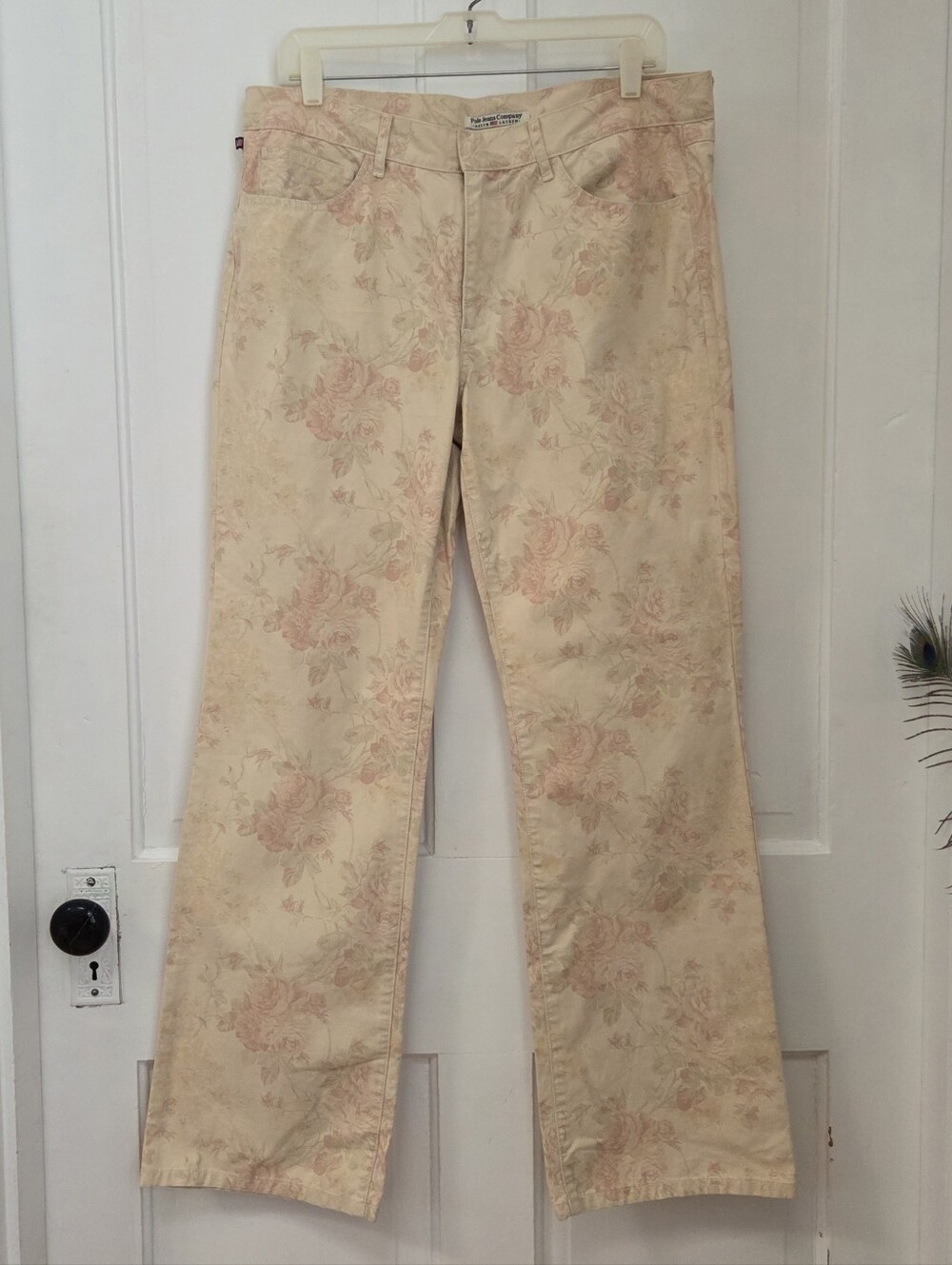 Vintage Polo Jeans Ralph Lauren Cream Floral Boot Leg Pants 14